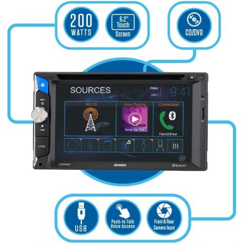  JENSEN CDR462 6.2 inch LED Multimedia Touch Screen Double Din Car Stereo CD & DVD Player Push to Talk Assistant Bluetooth Hands Free Calling & Music Streaming Backup Camera InputUS