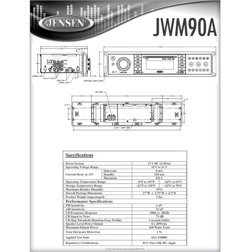  Jensen JENSEN JWM90A Mobile Audio System, 160 Watts Maximum Power Output, Digital AMFM Tuner30 Preset stations (12AM18 FM), Bluetooth Ready with A2DPAVRCP Streaming Audio, APP Ready