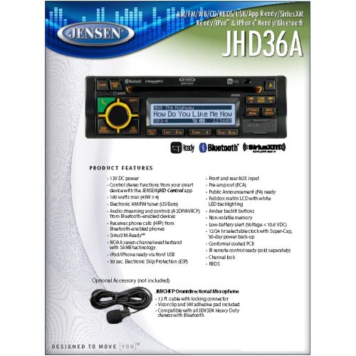  Jensen JENSEN JHD36AB AMFMWBCDRBDSUSBAUX-INApp ReadySiriusXM ReadyiPod & iPhone ReadyBluetooth Stereo Radio, 12V DC