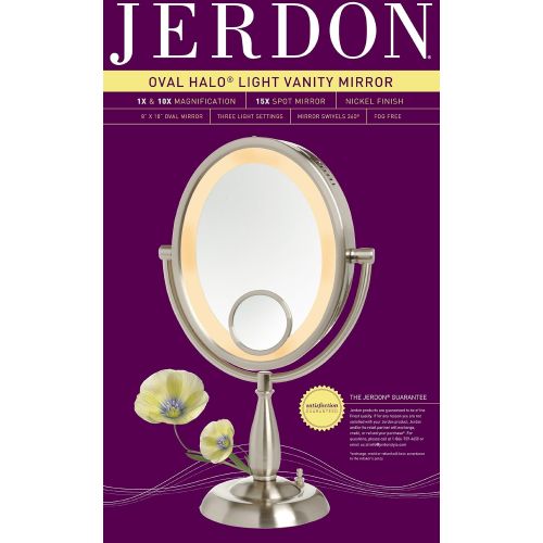  Jerdon HL9510N 8-Inch x 10-Inch Oval Lighted Vanity Mirror with 10X and 1X Magnification, 3-Light Settings, Nickel Finish from Jerdon