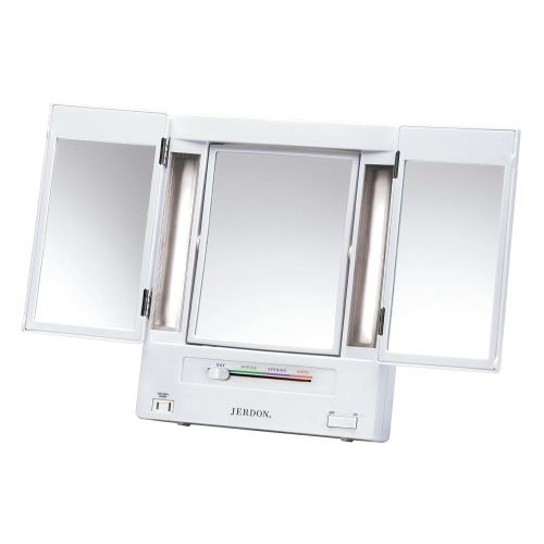  Jerdon Tri-Fold Two-Sided Lighted Makeup Mirror with 5x Magnification, White Finish