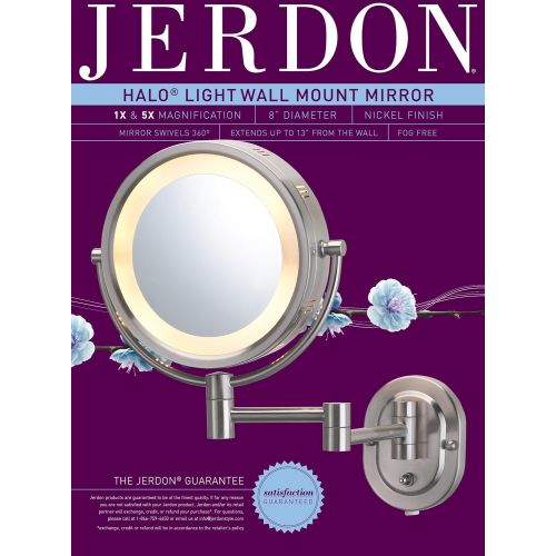  Jerdon HL65N 8-Inch Lighted Wall Mount Makeup Mirror with 5x Magnification, Nickel Finish