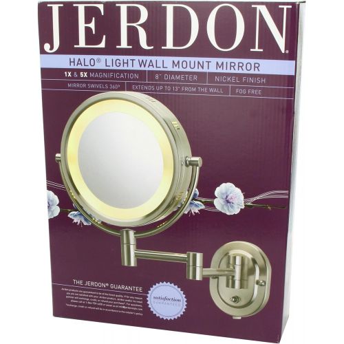  Jerdon HL65N 8-Inch Lighted Wall Mount Makeup Mirror with 5x Magnification, Nickel Finish
