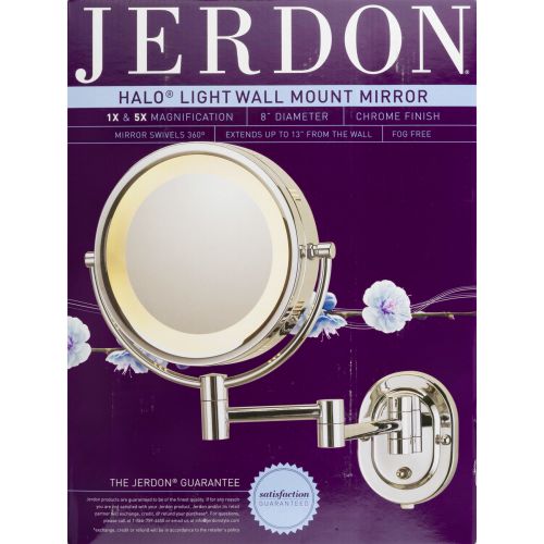  JERDON Jerdon HL65C 8-Inch Two-Sided Swivel Halo Lighted Wall Mount Mirror with 5x Magnification, 14-Inch Extension, Chrome Finish