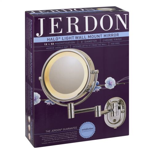  JERDON Jerdon HL65C 8-Inch Two-Sided Swivel Halo Lighted Wall Mount Mirror with 5x Magnification, 14-Inch Extension, Chrome Finish