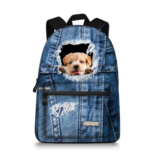  JeremySport 15.5 inch Cute Denim Dog Backpack Canvas Casual Laptop School Backpack Rucksack