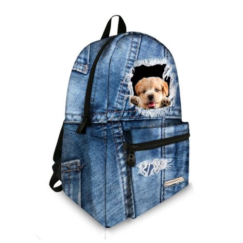  JeremySport 15.5 inch Cute Denim Dog Backpack Canvas Casual Laptop School Backpack Rucksack