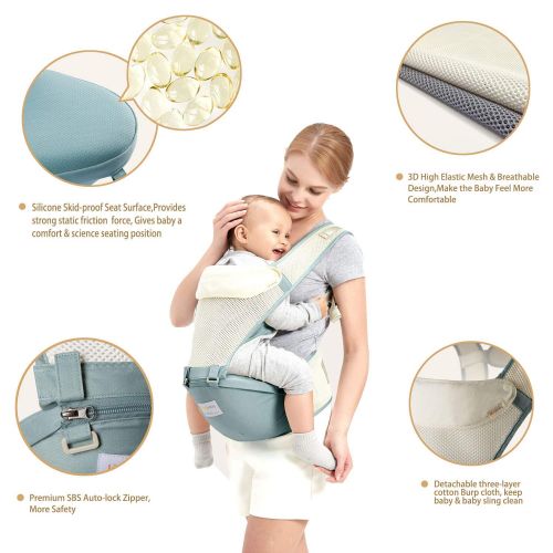  Jerrybaby Baby Carrier with Hip Seat- 2 in 1 Lightweight & Ergonomic Baby Waist Seat for 0-36 Months, Grey