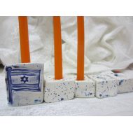 JerusalemTile Hanukkah Menorah Blue and White Israeli Flag Ceramic 9 Made in Israel Portable Judaica Made in Israel