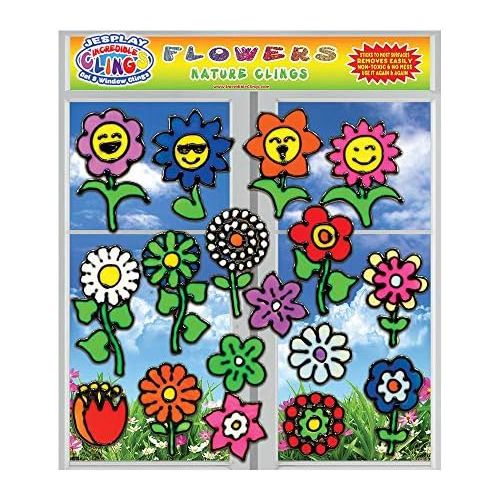  JesPlay Flowers Flexible Gel Clings - Glass Window Clings for Kids and Adults - Sunflower, Rose, Tulip, Daisy Reusable Gel Decals for Home, Airplane, Classroom, Nursery Decoration