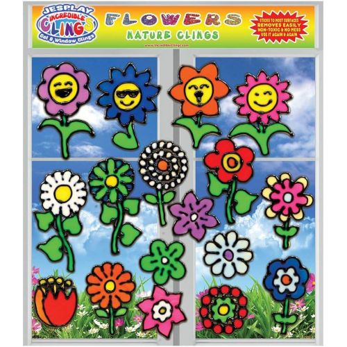  JesPlay Flowers Flexible Gel Clings - Glass Window Clings for Kids and Adults - Sunflower, Rose, Tulip, Daisy Reusable Gel Decals for Home, Airplane, Classroom, Nursery Decoration