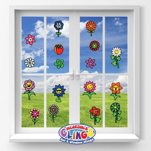  JesPlay Flowers Flexible Gel Clings - Glass Window Clings for Kids and Adults - Sunflower, Rose, Tulip, Daisy Reusable Gel Decals for Home, Airplane, Classroom, Nursery Decoration