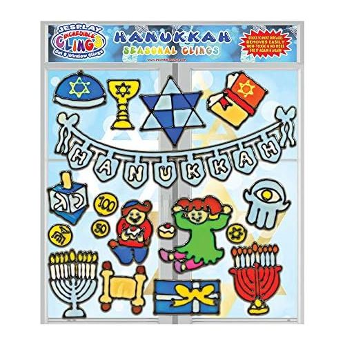  JesPlay Hanukkah Flexible Gel Clings - Wall and Glass Window Clings for Kids - Chanukkah Holiday Clings, Menorah, Dreidel, Geld, Torah and More Gel Decals - Home, Airplane, Classroom, Nurs