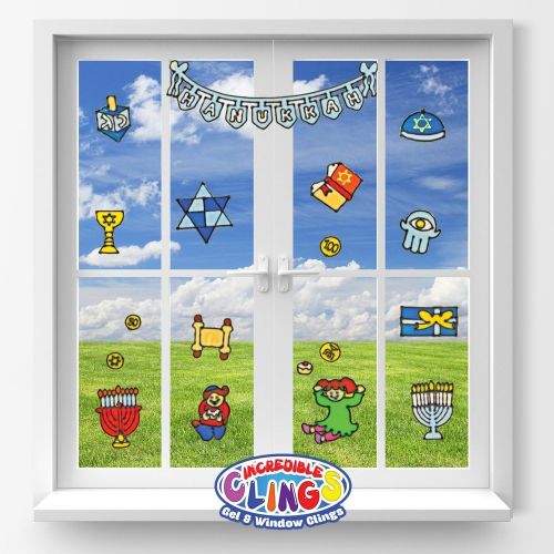  JesPlay Hanukkah Flexible Gel Clings - Wall and Glass Window Clings for Kids - Chanukkah Holiday Clings, Menorah, Dreidel, Geld, Torah and More Gel Decals - Home, Airplane, Classroom, Nurs