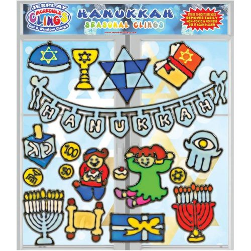  JesPlay Hanukkah Flexible Gel Clings - Wall and Glass Window Clings for Kids - Chanukkah Holiday Clings, Menorah, Dreidel, Geld, Torah and More Gel Decals - Home, Airplane, Classroom, Nurs