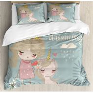 Jessy Ambesonne Saying Duvet Cover Set, Composition with Little Princess Girl Unicorn Never Stop Dreaming Words, Decorative 3 Piece Bedding Set with 2 Pillow Shams, Queen Size, Laurel Gr