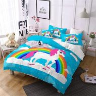 [아마존베스트]Jessy Home Blue Rainbow Cartoon Unicorn Bedding Twin for Girls,Cartoon 3D Duvet Cover Set 2 Pieces Includes 1 Pillowcase,Protects and Covers Your Duvet Insert