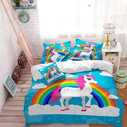  [아마존베스트]Jessy Home Blue Rainbow Cartoon Unicorn Bedding Twin for Girls,Cartoon 3D Duvet Cover Set 2 Pieces Includes 1 Pillowcase,Protects and Covers Your Duvet Insert