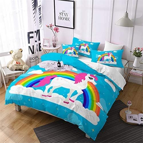  [아마존베스트]Jessy Home Blue Rainbow Cartoon Unicorn Bedding Twin for Girls,Cartoon 3D Duvet Cover Set 2 Pieces Includes 1 Pillowcase,Protects and Covers Your Duvet Insert