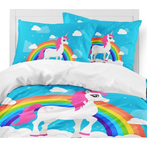  [아마존베스트]Jessy Home Blue Rainbow Cartoon Unicorn Bedding Twin for Girls,Cartoon 3D Duvet Cover Set 2 Pieces Includes 1 Pillowcase,Protects and Covers Your Duvet Insert