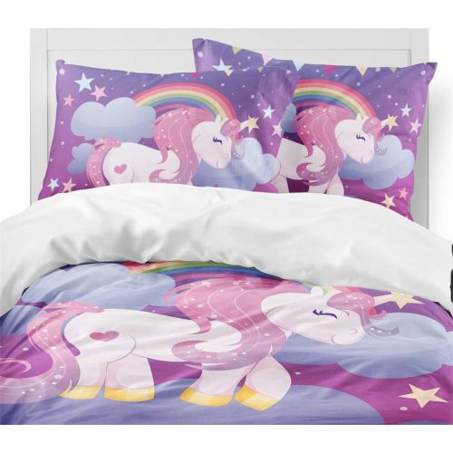  [아마존베스트]Jessy Home Unicorn Bedding Boys Girls Duvet Cover Twin Size Kids Cute Printed Quilt Cover Girls Bed Set Cartoon Bedding Children Animal Unicorn Duvet Cover+1 Pillowcase Blue Rainbow Unicorn