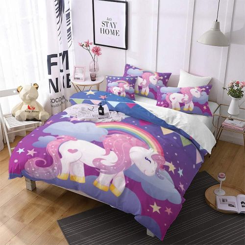  [아마존베스트]Jessy Home Unicorn Bedding Boys Girls Duvet Cover Twin Size Kids Cute Printed Quilt Cover Girls Bed Set Cartoon Bedding Children Animal Unicorn Duvet Cover+1 Pillowcase Blue Rainbow Unicorn