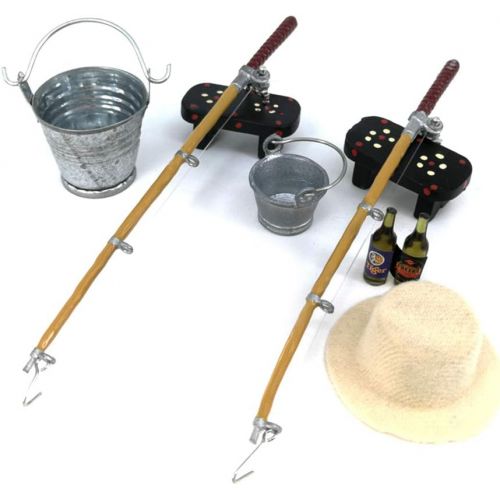  Jetamie 1/12 Dollhouse Miniature Fishing Rod Hat Bucket Stool Model Doll Life Scene Doll House DecorationMini Dollhouse Furniture 1/12 Miniatures Doll House