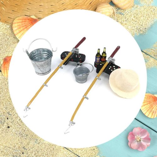  Jetamie 1/12 Dollhouse Miniature Fishing Rod Hat Bucket Stool Model Doll Life Scene Doll House DecorationMini Dollhouse Furniture 1/12 Miniatures Doll House