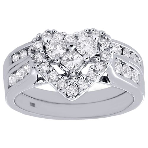  Jewelry For Less ATL 14K White Gold Princess & Round Cut Diamond Heart Center Engagement Ring Bridal Set 1.04 Cttw