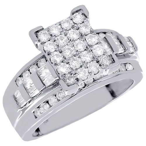  Jewelry For Less ATL 10K White Gold Round & Baguette Cut Diamond Rectangle Center Engagement Ring 1 Cttw