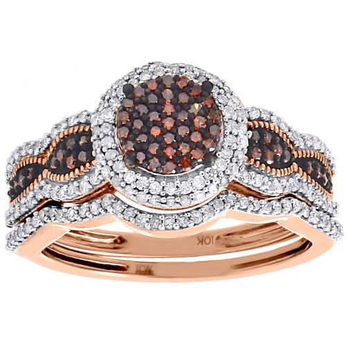  Jewelry For Less ATL 10K Rose Gold Round Cut Red Diamond Cluster Curved Engagement Ring Bridal Set 0.50 Cttw
