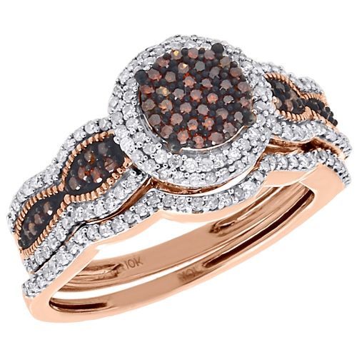  Jewelry For Less ATL 10K Rose Gold Round Cut Red Diamond Cluster Curved Engagement Ring Bridal Set 0.50 Cttw