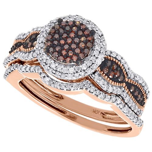  Jewelry For Less ATL 10K Rose Gold Round Cut Red Diamond Cluster Curved Engagement Ring Bridal Set 0.50 Cttw