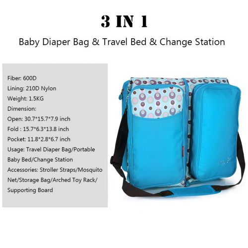  JiAmy Multipurpose Diaper Bag 3 in 1 Portable Bassinet Travel Bed Crib Change Station, (Upgraded Version) with Mosquito Net & Stroller Straps & Storage Bag, Blue