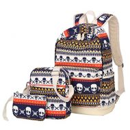 JiaYou Canvas Laptop Bag Shoulder Bag Pen Bag 14L School Backpack 3 Sets(StyleAMulticolors Skull,14L)