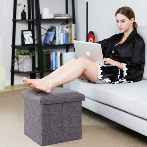  JiatuA Foldable Storage Ottoman Square Cube Foot Rest Stool/Seat Folding Seat Bench & Footrest Linen Fabric Ottomans Bench Coffee Table Puppy Step for Bedroom, Living Room, Entranc