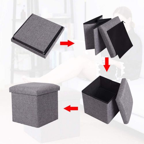  JiatuA Foldable Storage Ottoman Square Cube Foot Rest Stool/Seat Folding Seat Bench & Footrest Linen Fabric Ottomans Bench Coffee Table Puppy Step for Bedroom, Living Room, Entranc