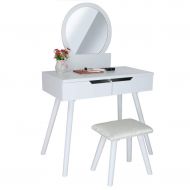 US Fast Shipment Jiayit Makeup Table Dressing Table with Round Mirror 2 Large Sliding Drawer Makeup Dressing Table and Cushioning Stool (White)