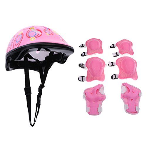  Jili Online 7 Pieces Kids Child Multi-Sport Helmet With Knee Pads Elbow Wrist Protection Set for Skateboard Cycling Skate Scooter - Pink