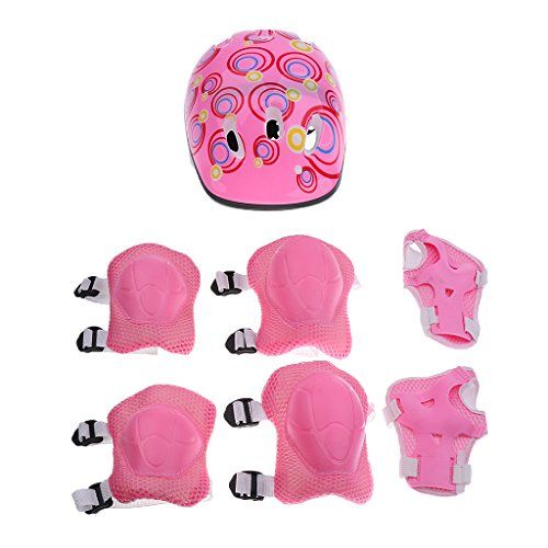  Jili Online 7 Pieces Kids Child Multi-Sport Helmet With Knee Pads Elbow Wrist Protection Set for Skateboard Cycling Skate Scooter - Pink