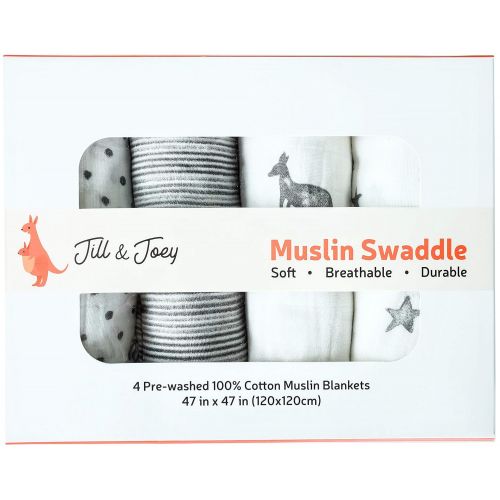  Jill & Joey JILL&JOEY Baby Muslin Swaddle Blankets, 4 Pack, 100% Cotton, 47x47”