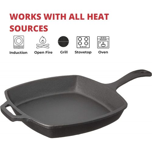  Jim Beam JB0217 10.5 Pre Seasoned Cast Iron Square Skillet for Grill, Gas, Oven, Electric, Induction and Glass, Black