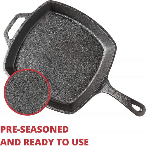  Jim Beam JB0217 10.5 Pre Seasoned Cast Iron Square Skillet for Grill, Gas, Oven, Electric, Induction and Glass, Black