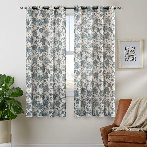  Jinchan Living Room Curtain Set 95 inch Scroll Paisley Linen Print Drapes Jecobean Floral Window Treatment Panels Blue Medallion Grommet Top Curtains for Bedroom 2 Panels, Teal