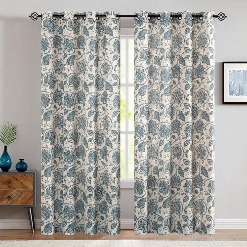  Jinchan Living Room Curtain Set 95 inch Scroll Paisley Linen Print Drapes Jecobean Floral Window Treatment Panels Blue Medallion Grommet Top Curtains for Bedroom 2 Panels, Teal