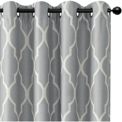  Jinchan Room Darkening Linen Textured Curtains for Bedroom Window Curtains, Quatrefoil Flax Linen Blend Textured Geometry Lattice Grommet Window Treatment Set for Living Room, 95L, Soft Gr