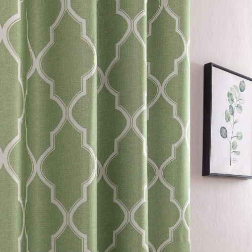  Jinchan Room Darkening Linen Textured Curtains for Bedroom Window Curtains, Quatrefoil Flax Linen Blend Textured Geometry Lattice Grommet Window Treatment Set for Living Room, 95L, Soft Gr