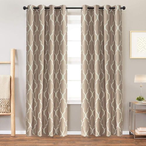  Jinchan Room Darkening Linen Textured Curtains for Bedroom Window Curtains, Quatrefoil Flax Linen Blend Textured Geometry Lattice Grommet Window Treatment Set for Living Room, 95L, Soft Gr