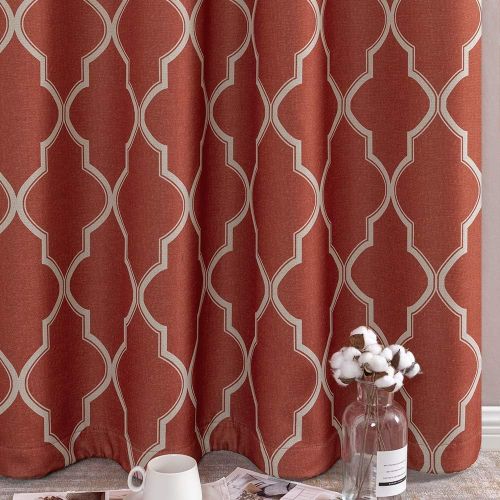  Jinchan Room Darkening Linen Textured Curtains for Bedroom Window Curtains, Quatrefoil Flax Linen Blend Textured Geometry Lattice Grommet Window Treatment Set for Living Room, 95L, Soft Gr