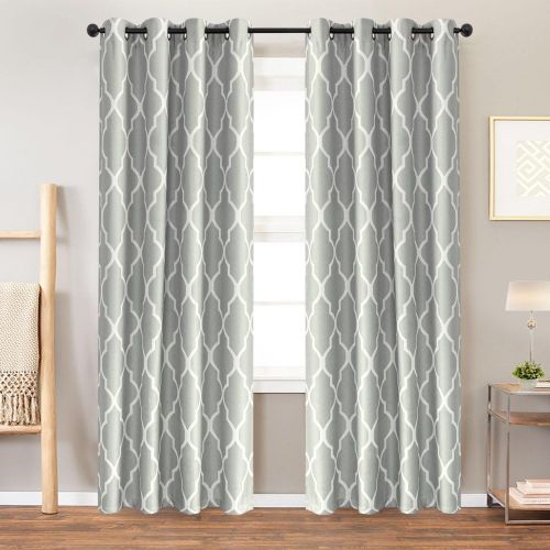  Jinchan Room Darkening Linen Textured Curtains for Bedroom Window Curtains, Quatrefoil Flax Linen Blend Textured Geometry Lattice Grommet Window Treatment Set for Living Room, 95L, Soft Gr